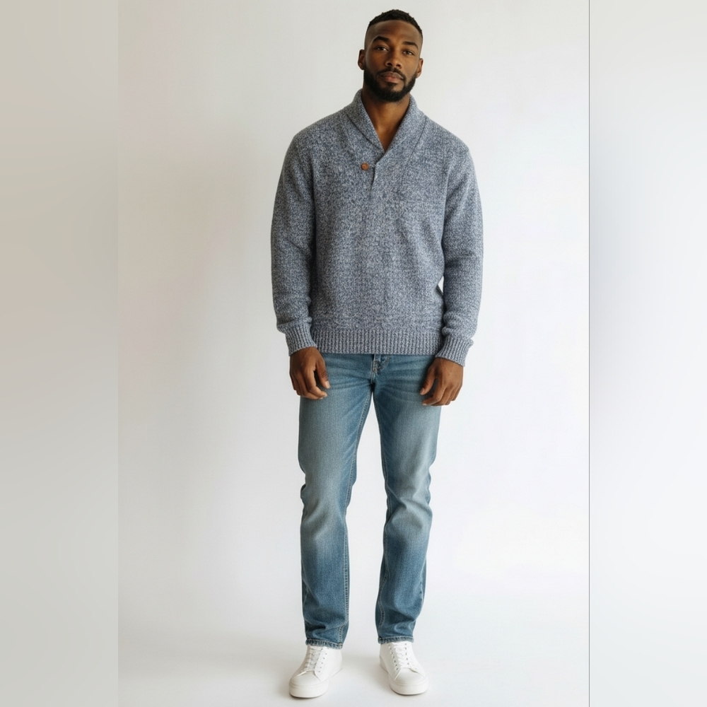 Vintage Blue Shawl Collar V-Neck Sweater